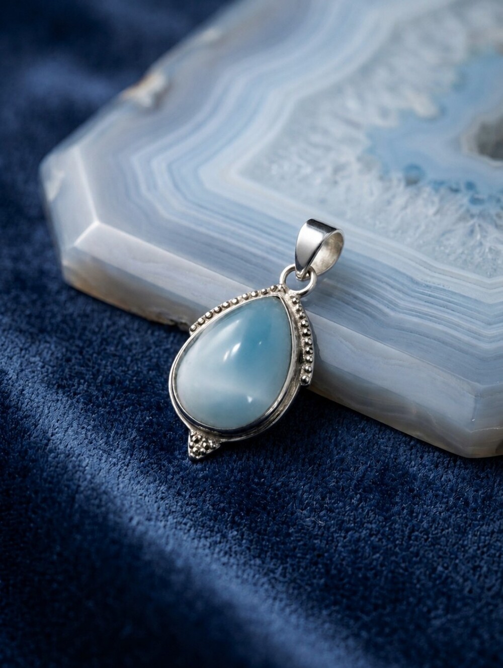 Sterling Silver Larimar Teardrop Pendant 925 Milgrain Accent Atlantis Stone